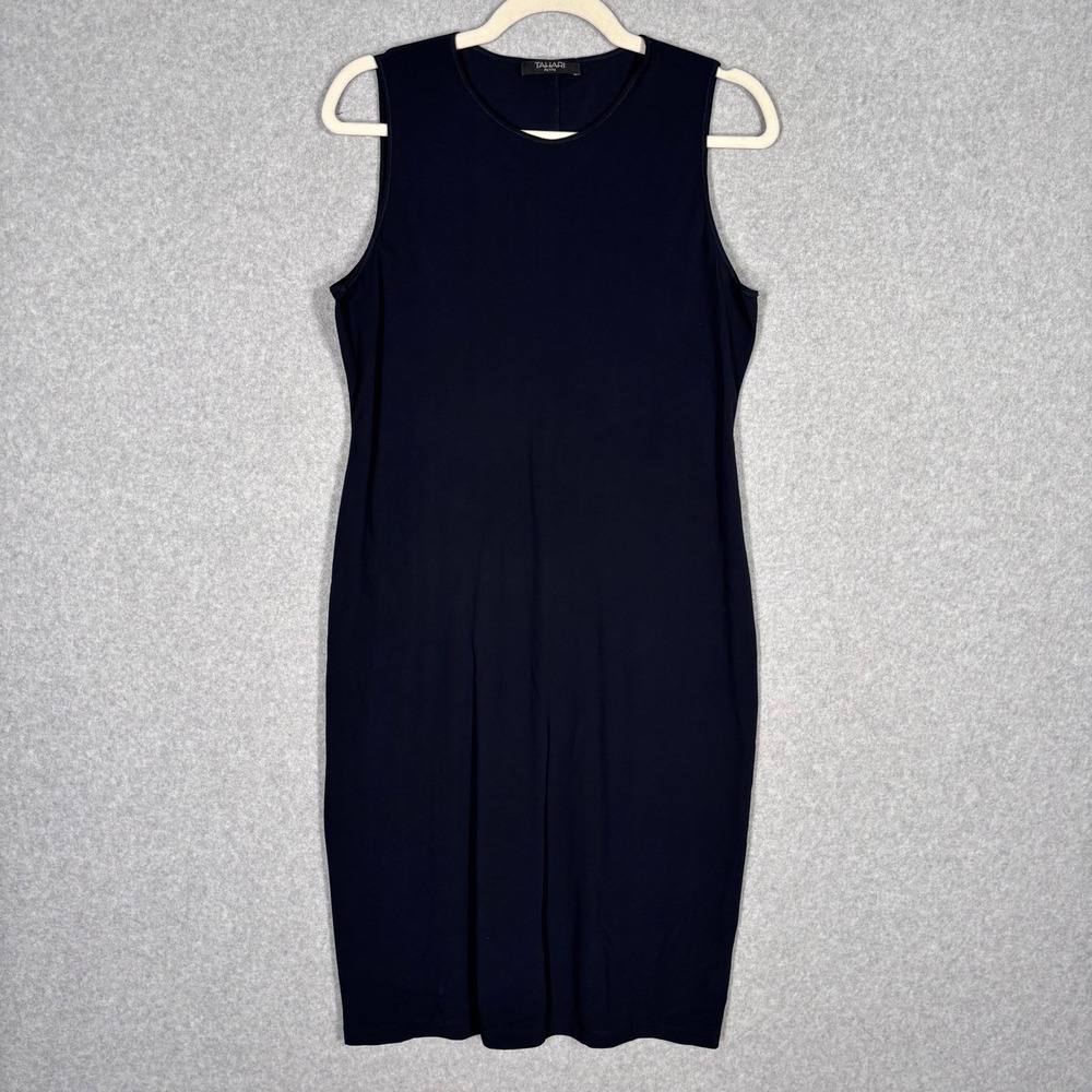 Vintage Tahari Pencil Midi Dress MP Navy Career Nylon Knit USA Minimal Nautical
